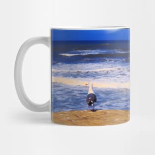 Two seagulls on a sandy beach blue ocean waves in San Diego California Mug